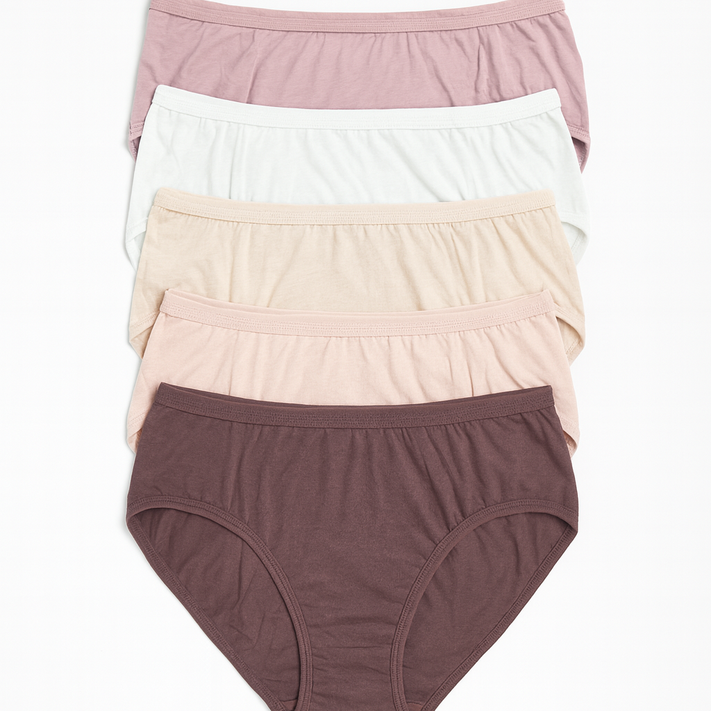 Set of women's underwear in various colors on a white background